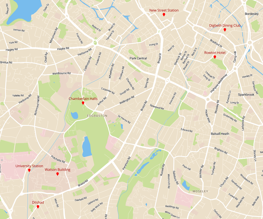 [Map of Birmingham with main venues highlighted]